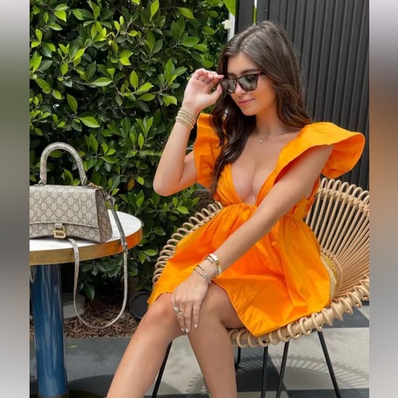 FOR LOVE & LEMONS Clementine Ruffled Tie Back Mini Dress Orange - XS - Picture 3 of 8